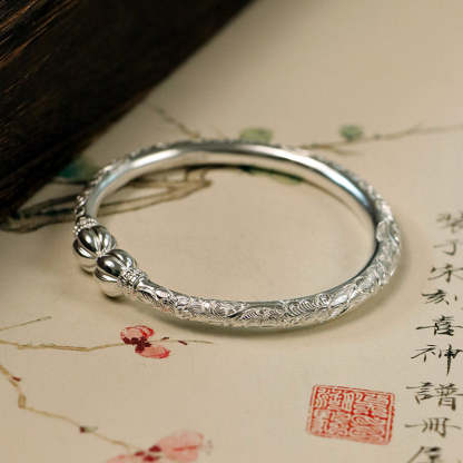Vintage Chinese Style Hand-Carved Peony Flower Pure Solid Silver Bangle Bracelet with Pumpkin Shaped Opening Cuff-Lovesyouforever