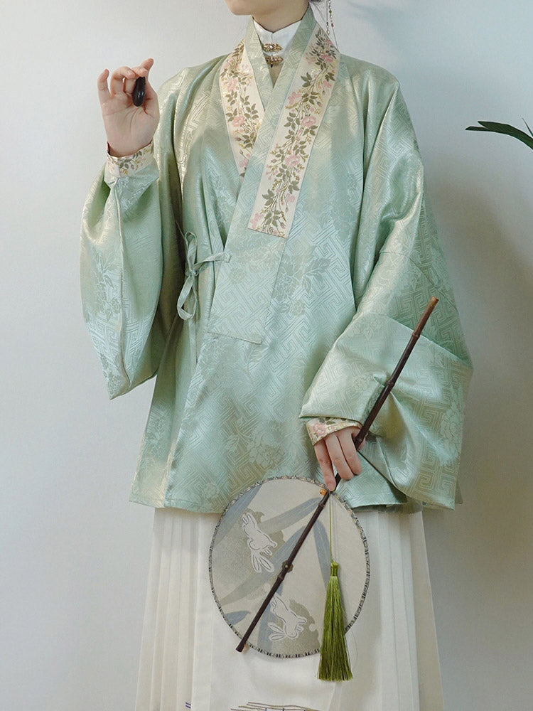 Chinese Style Ming Dynasty Pipa Sleeve Embroidered Dark-patterned Cross-collar Top for Women-Lovesyouforever