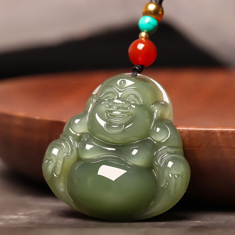 Natural Xinjiang Hetian Jade Green Jade Maitreya Buddha Jade Pendant Necklace-Lovesyouforever
