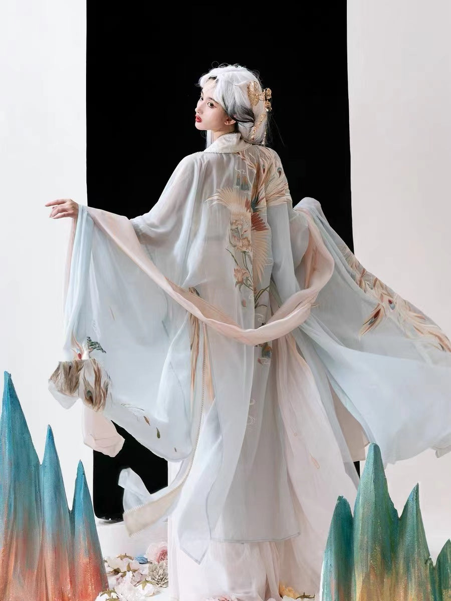 BlueDail Pure Hand Embroidery「Beautiful appearance and pure heart」White Phoenix Embroidered Tang Style Daily Wear Hanfu Clothing-Lovesyouforever