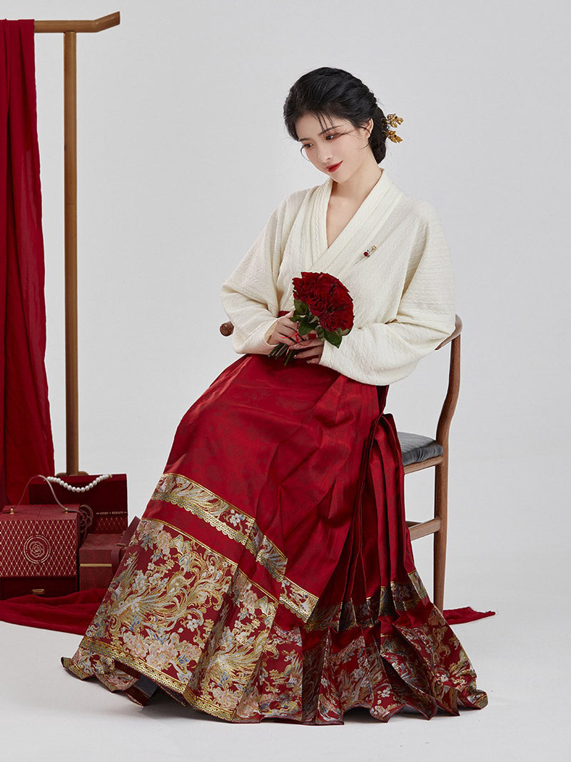 Vintage Chinese Style Phoenix and Peony Pattern Embroidery Mamianqun Hanfu Skirt-Lovesyouforever