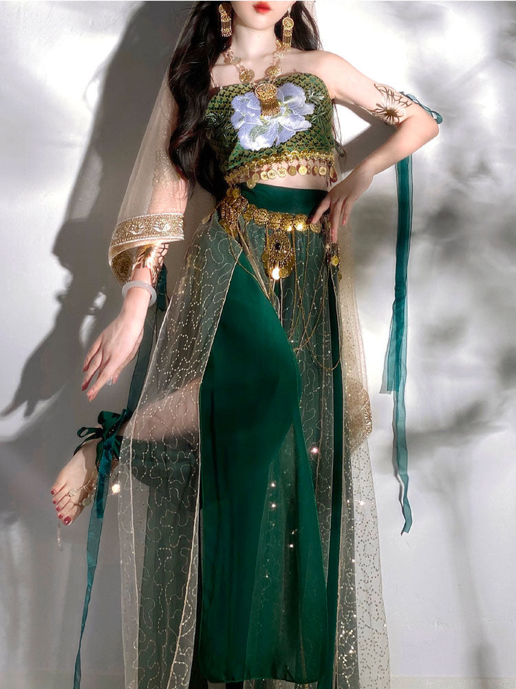 Vintage Green Embroidered Dunhuang Feitian Cosplay Hanfu Costume Three-Piece Set-Lovesyouforever