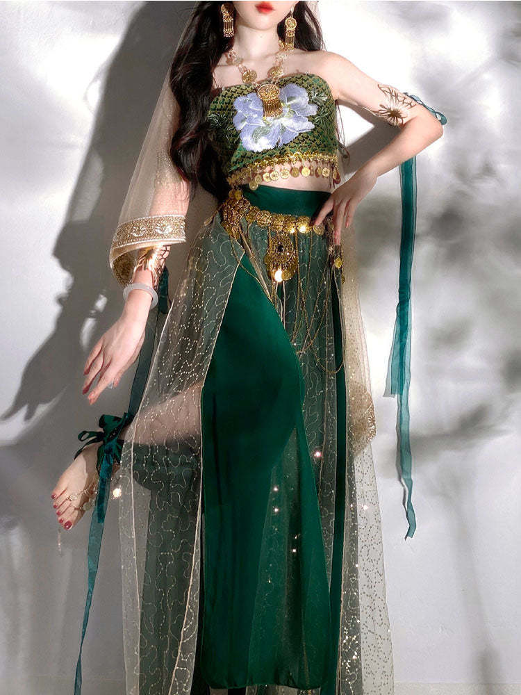 Vintage Green Embroidered Dunhuang Feitian Cosplay Hanfu Costume Three-Piece Set-Lovesyouforever