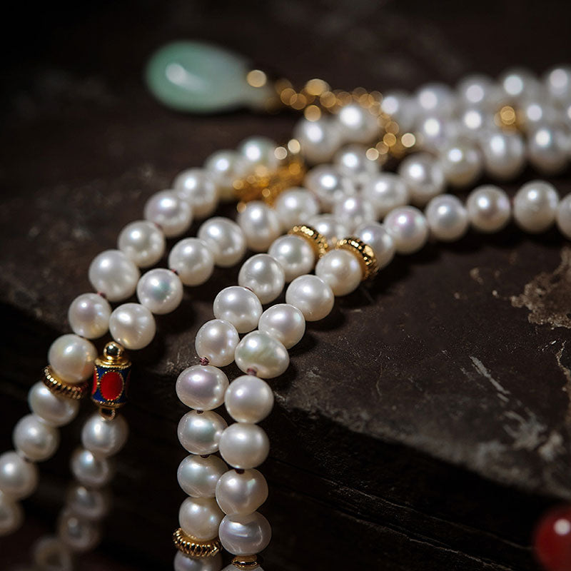 Exclusive Design Chinese Style Vintage Pearl Necklace with Fine Jade Tourmaline Gems-Lovesyouforever
