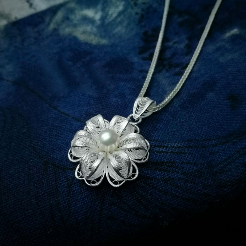 Handcrafted Silver Filigree Inlaid Natural Freshwater Pearl Pendant Necklace-Lovesyouforever