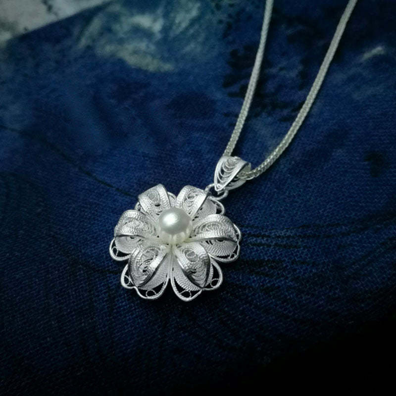 Handcrafted Silver Filigree Inlaid Natural Freshwater Pearl Pendant Necklace-Lovesyouforever
