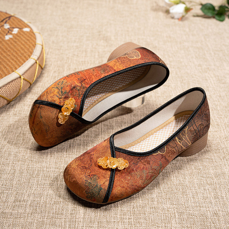 Retro Chinese Print Low Heel Loafers Casual Shoes for Women-Lovesyouforever
