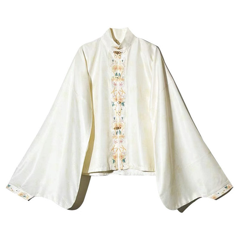 Ming Dynasty Stand-up Collar Beige Printed Front Placket Improved Daily Hanfu Shirt Top-Lovesyouforever