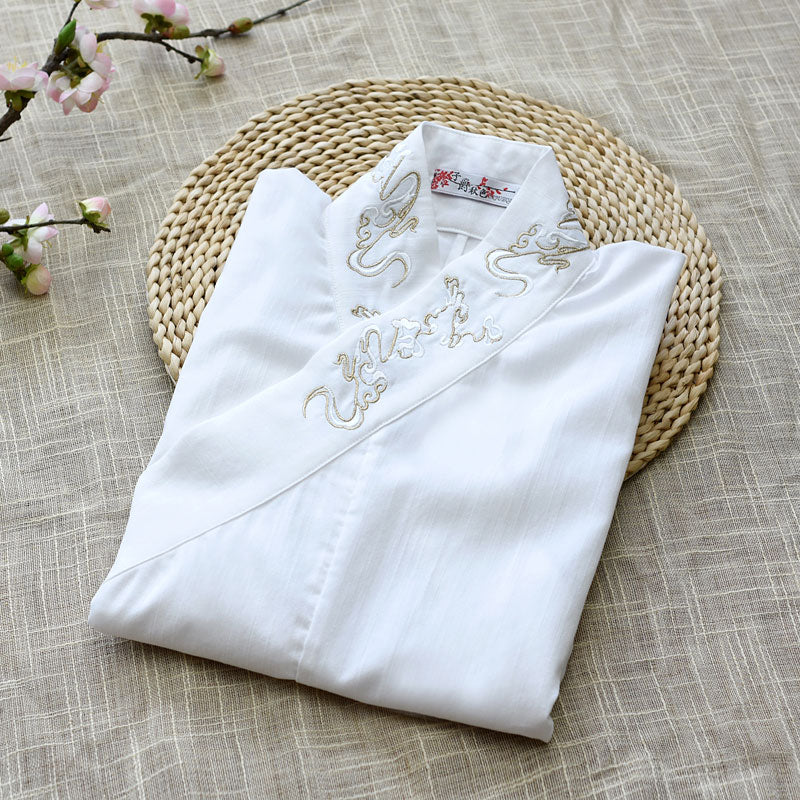 Morden Chinese Style Embroidered Crane Cross Collar Hanfu Shirt Top-Lovesyouforever