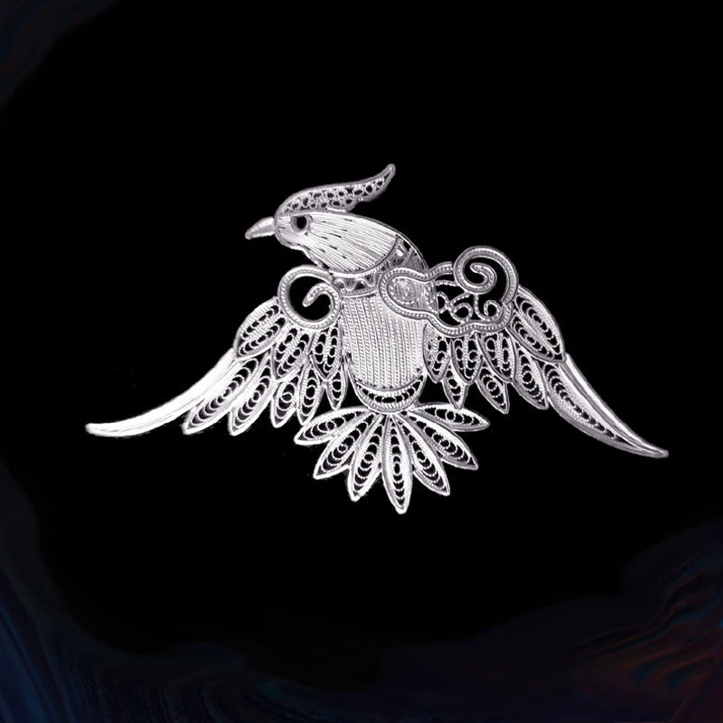 Vintage Plain Silver Filigree Auspicious Bird Phoenix Brooch for Women-Lovesyouforever