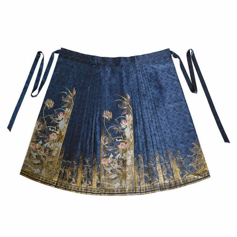 Fragrant Lotus Pond - Blue Lotus Pattern Woven Gold Mamianqun Skirt-Lovesyouforever