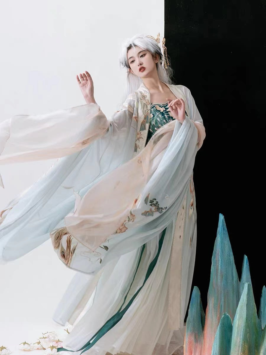 BlueDail Pure Hand Embroidery「Beautiful appearance and pure heart」White Phoenix Embroidered Tang Style Daily Wear Hanfu Clothing-Lovesyouforever
