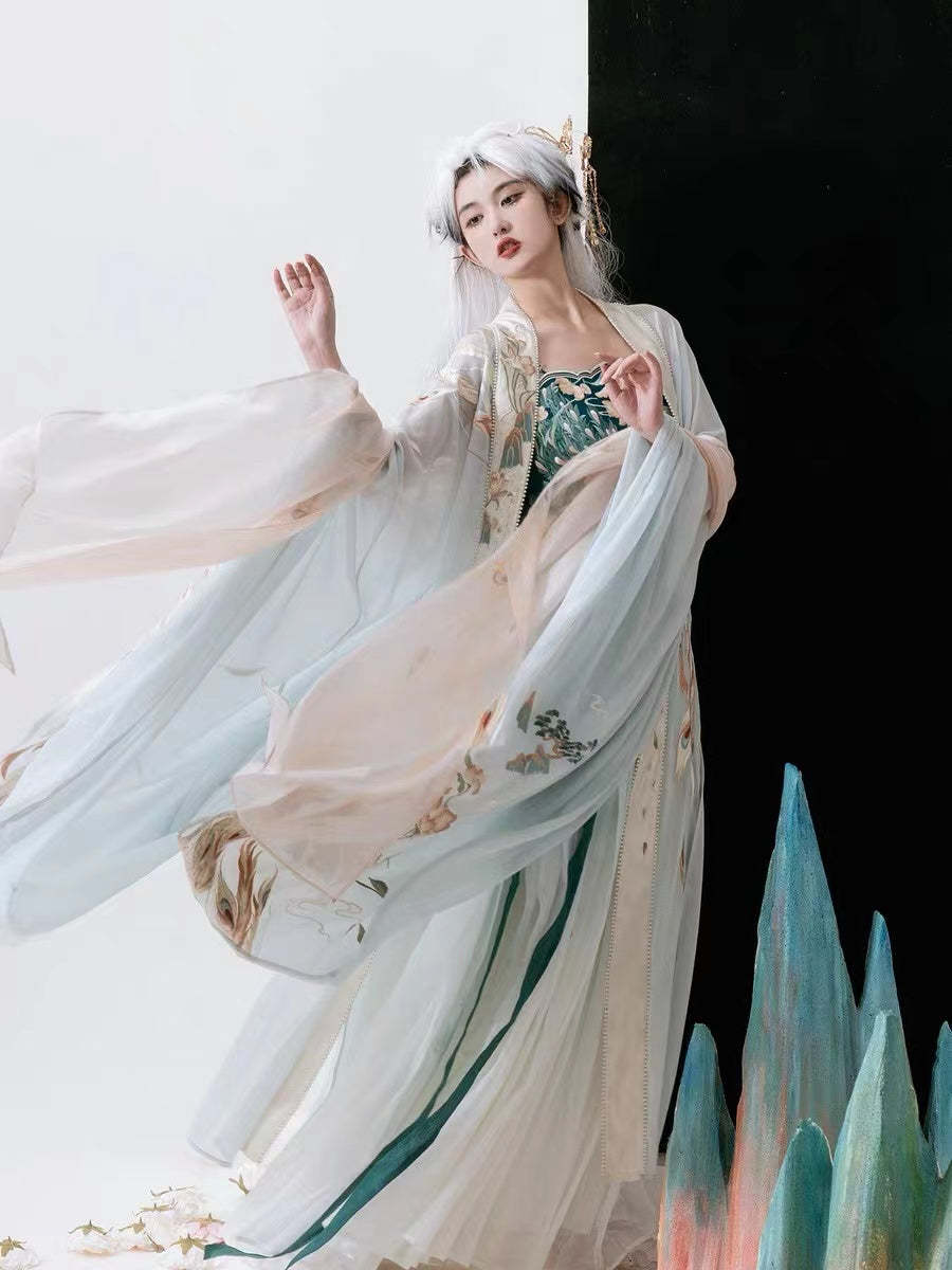 BlueDail Pure Hand Embroidery「Beautiful appearance and pure heart」White Phoenix Embroidered Tang Style Daily Wear Hanfu Clothing-Lovesyouforever