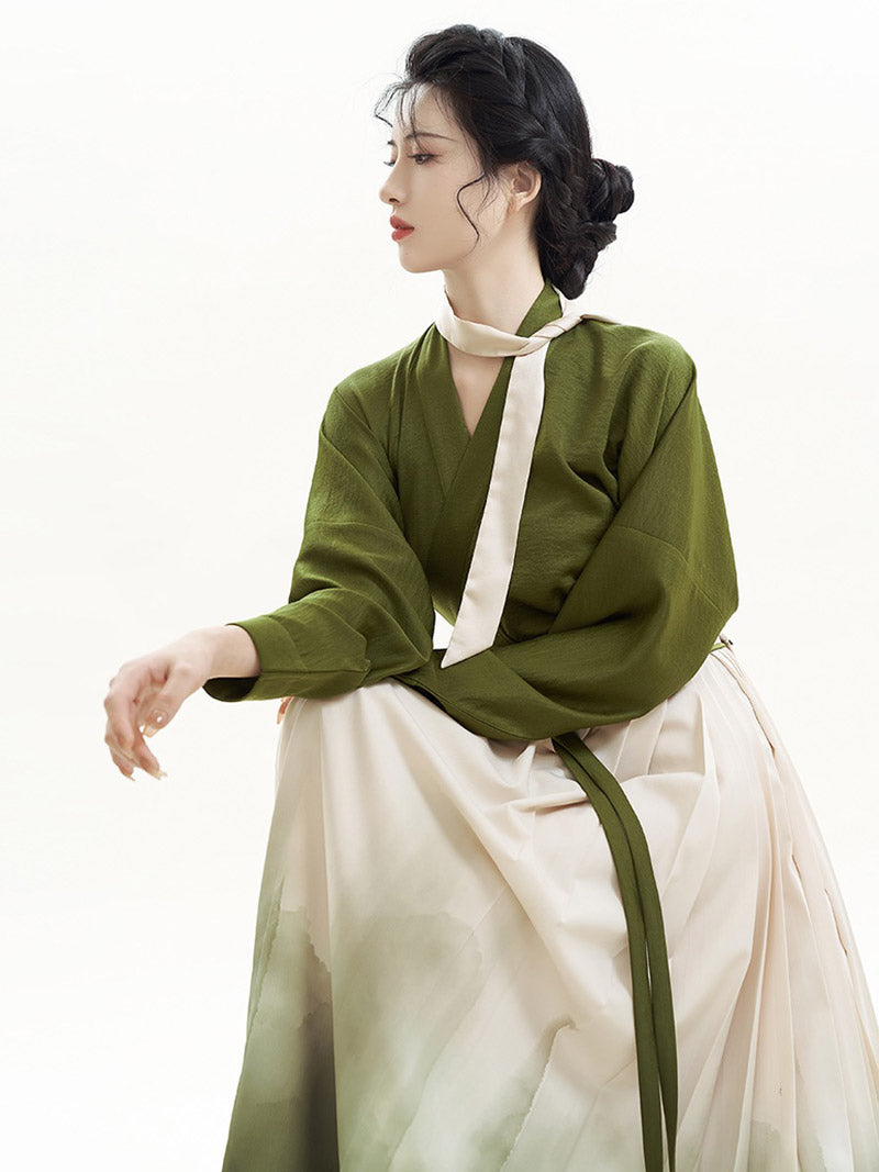 Matcha Green Chinese Style Artistic Landscape Painting Morden Hanfu Set Mamianqun Hanfu Skirt-Lovesyouforever