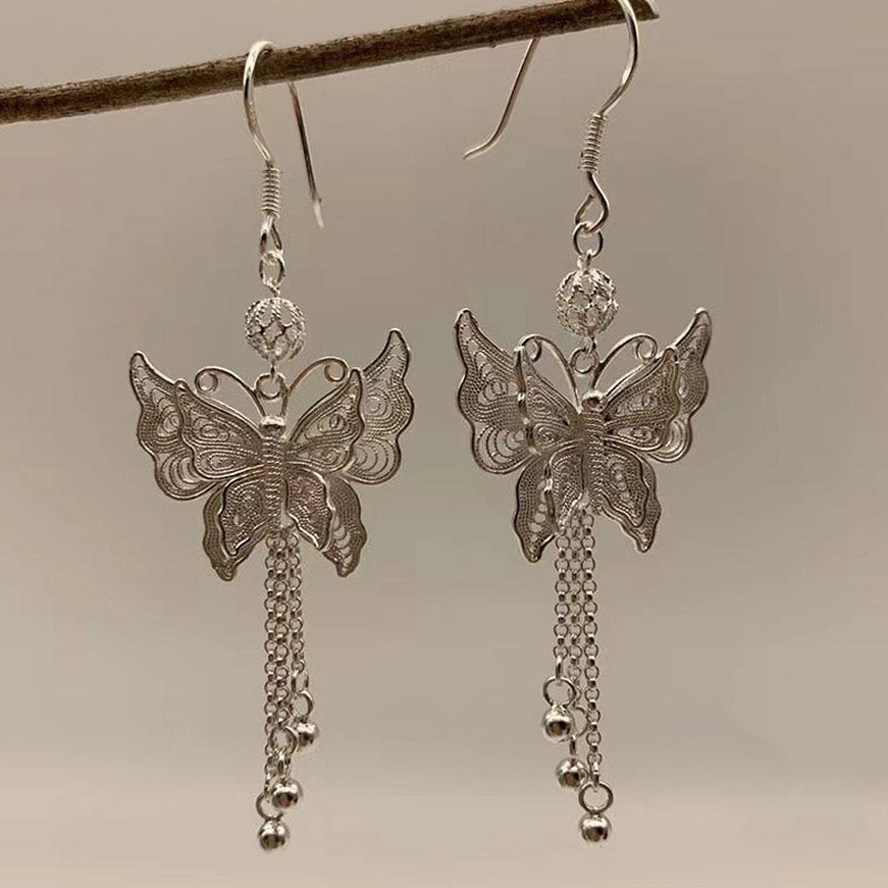 Handcrafted Vintage 999 Sterling Silver Double Butterfly Tassel Filigree Earrings-Lovesyouforever