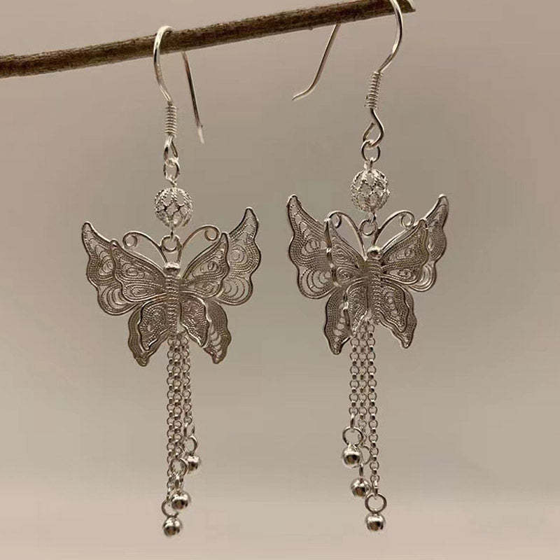 Handcrafted Vintage 999 Sterling Silver Double Butterfly Tassel Filigree Earrings-Lovesyouforever