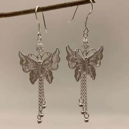 Handcrafted Vintage 999 Sterling Silver Double Butterfly Tassel Filigree Earrings-Lovesyouforever