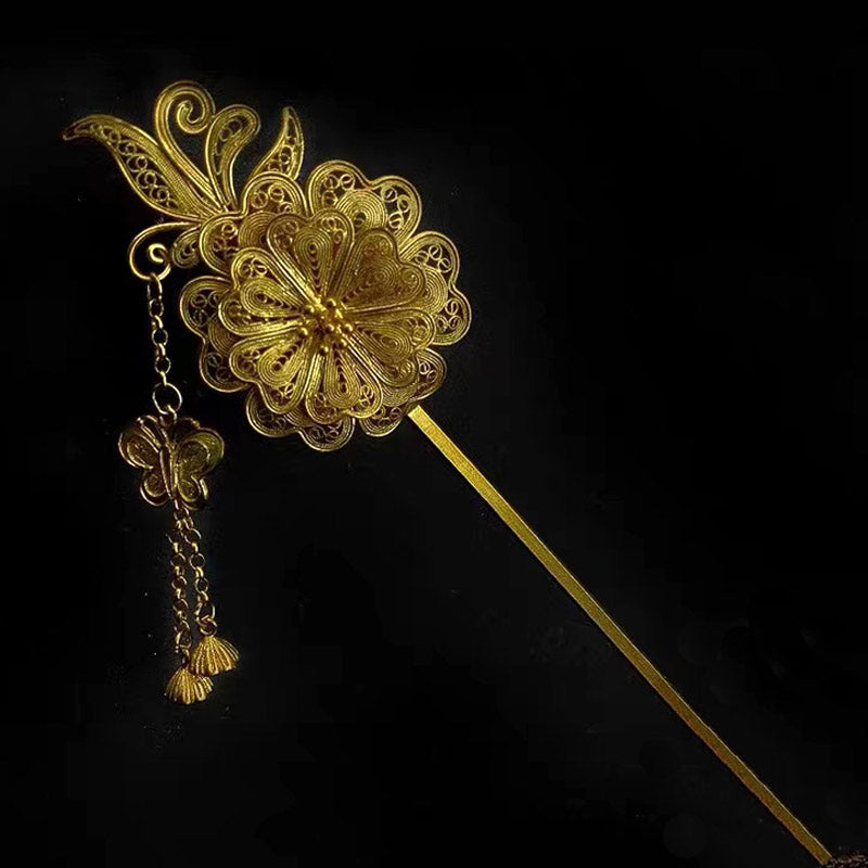Handcrafted Vintage Chinese Style 999 Sterling Silver Double Flower Filigree Hairpin with Butterfly and Buds Tassel-Lovesyouforever