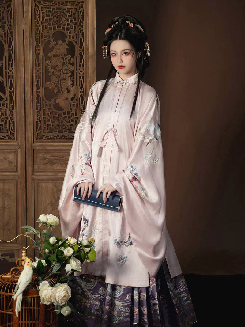 Pink Flowers and Birds Traditional Ancient Chinese Embroidered Hanfu Clothing Mamianqun Hanfu Skirt-Lovesyouforever