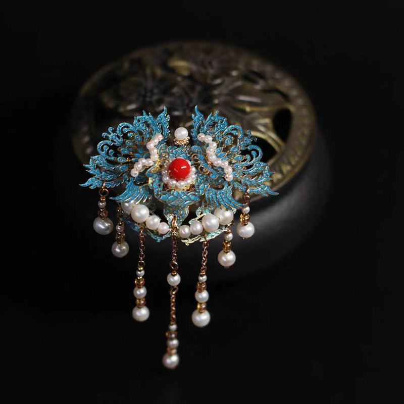 Retro Chinese Style Blue Cloisonne Pearl Tassel Hairpin Hanfu Accessory-Lovesyouforever