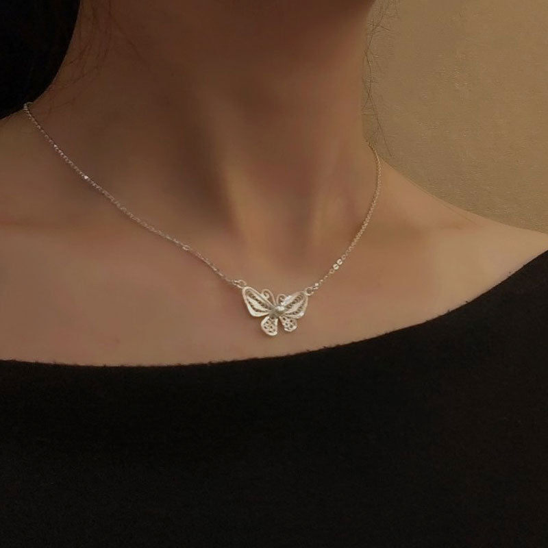 Exquisite Plain Silver Filigree Butterfly Necklace Inlaid with Natural Freshwater Pearls-Lovesyouforever