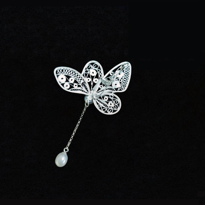 Vintage Plain Silver Filigree Butterfly Brooch/Pendant with Natural Freshwater Pearls-Lovesyouforever