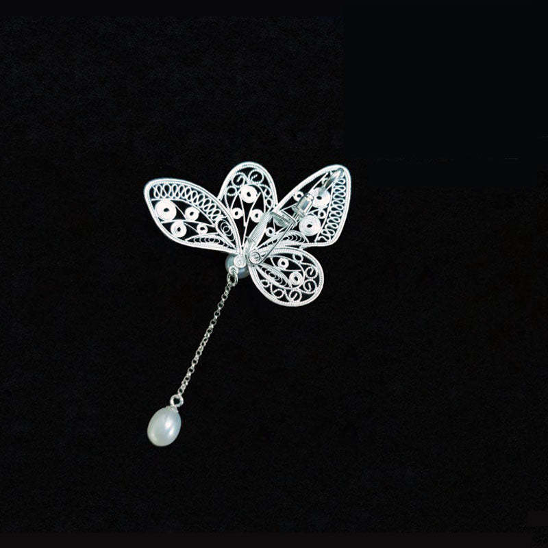 Vintage Plain Silver Filigree Butterfly Brooch/Pendant with Natural Freshwater Pearls-Lovesyouforever
