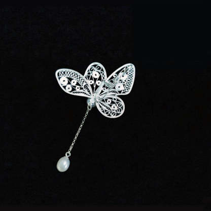 Vintage Plain Silver Filigree Butterfly Brooch/Pendant with Natural Freshwater Pearls-Lovesyouforever