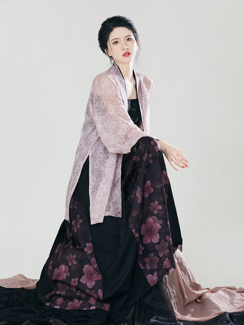Song Morden Chinese Style Peach Blossom Floral Print Skirt Set-Lovesyouforever