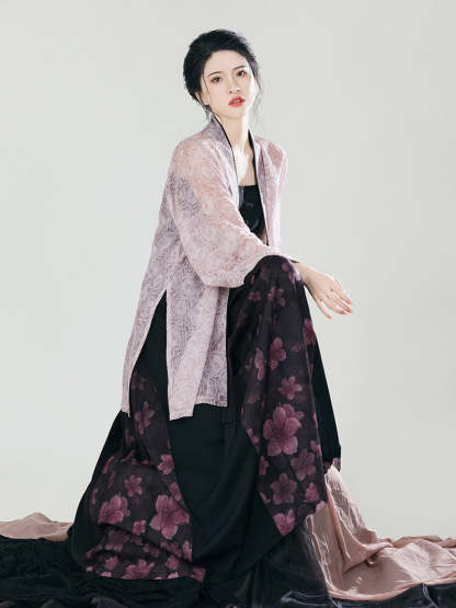 Song Morden Chinese Style Peach Blossom Floral Print Skirt Set-Lovesyouforever