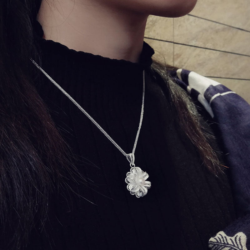 Handcrafted Silver Filigree Inlaid Natural Freshwater Pearl Pendant Necklace-Lovesyouforever