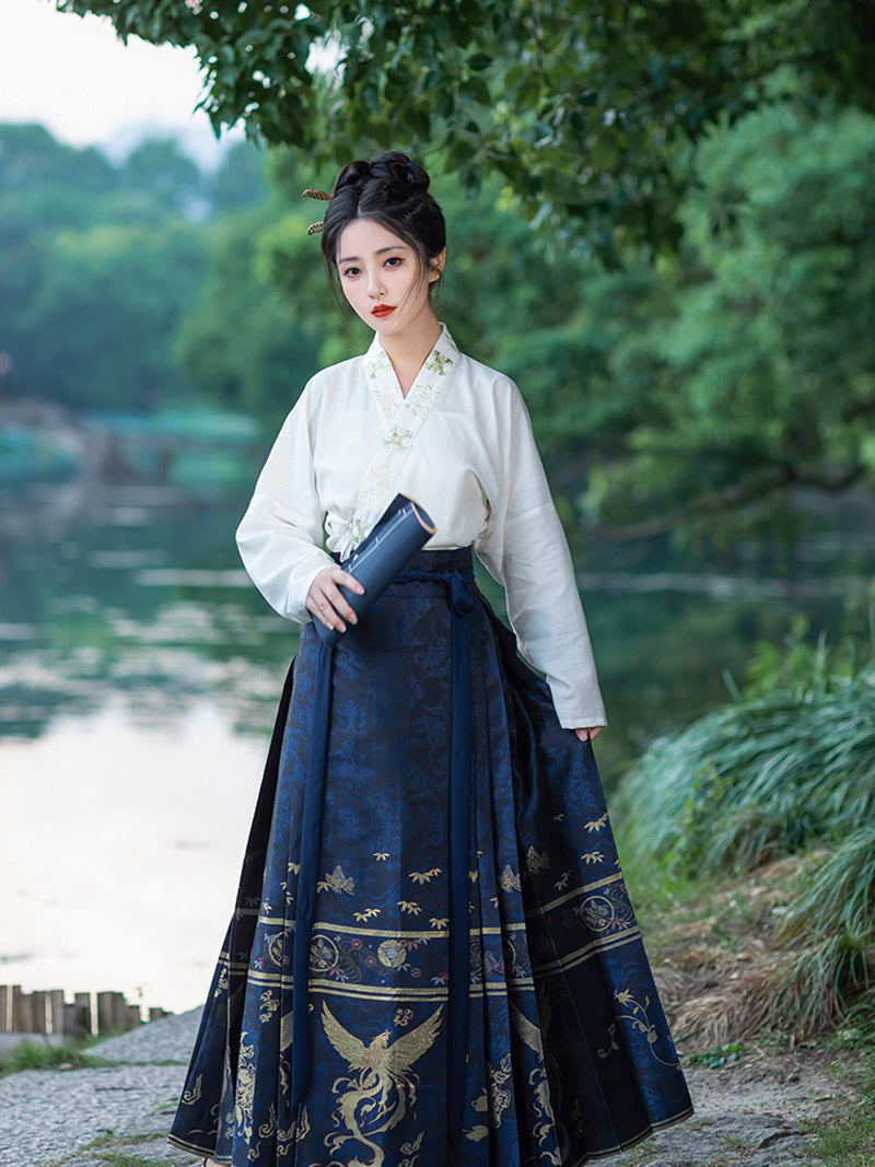 Woven Gold Phoenix and Xiangyun Floral Yarn-dyed Jacquard Cloth Mamianqun Hanfu Skirt Daily Wear-Lovesyouforever
