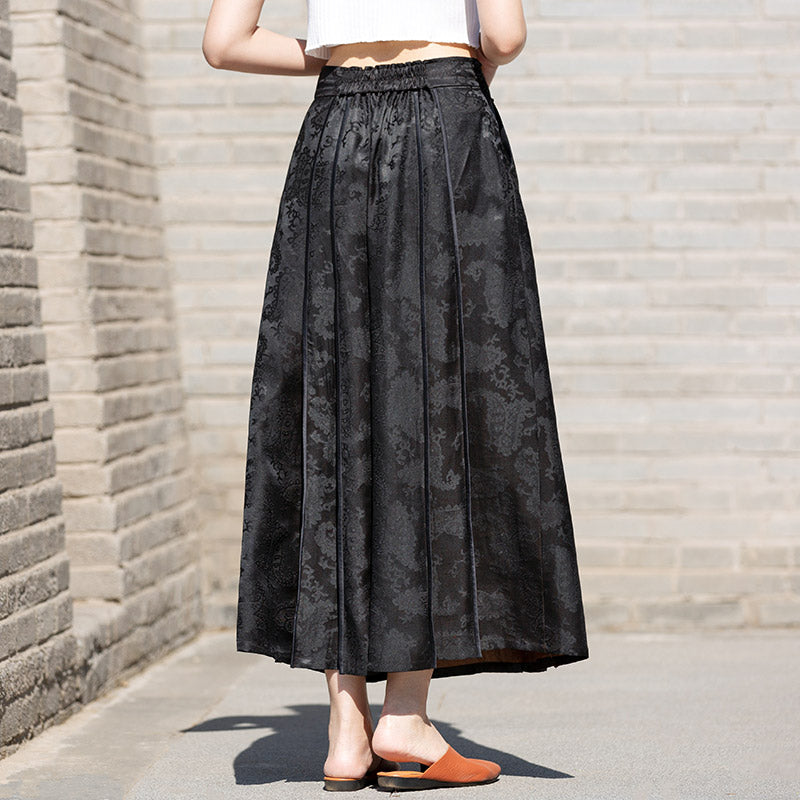 New Chinese-style Black Vintage Pattern Mulberry Silk Midi Skirt Mamianqun Skirt-Lovesyouforever