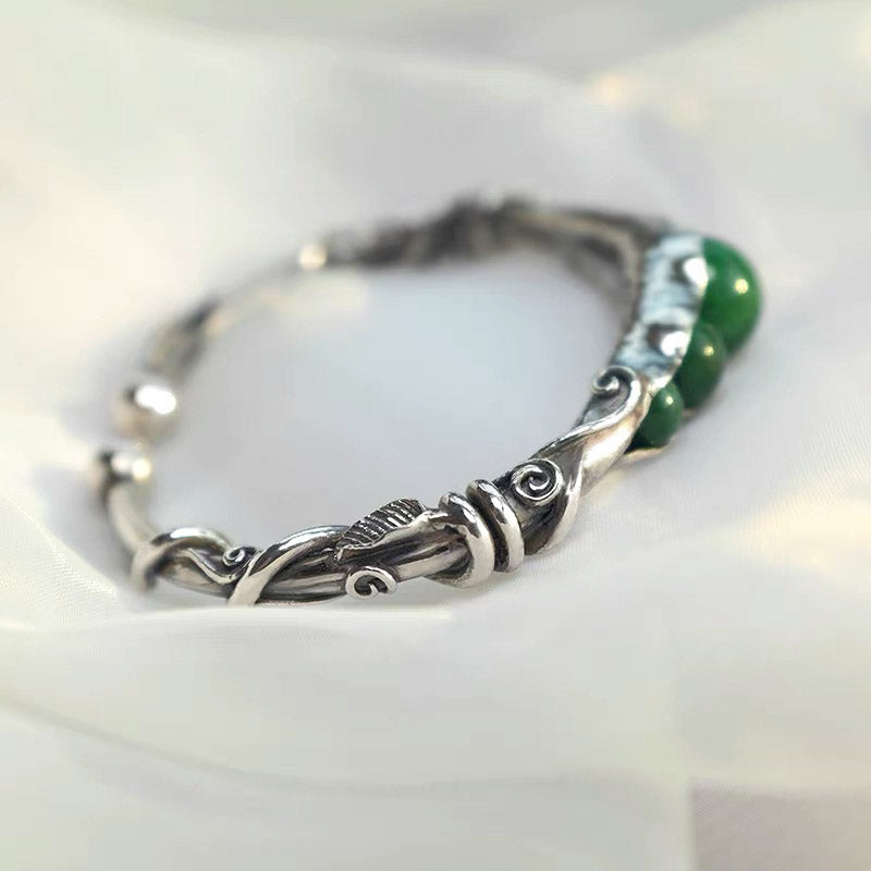Natural Inspired Handmade 999 Solid Silver Pea Pod Bangle Bracelet with Inlaid Jade-Lovesyouforever