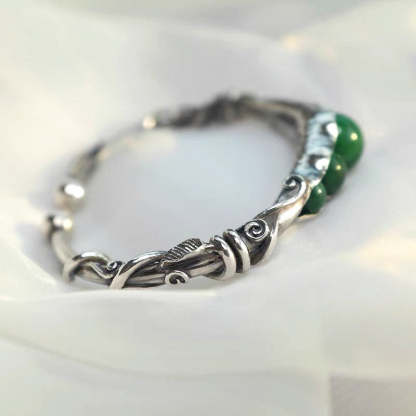 Natural Inspired Handmade 999 Solid Silver Pea Pod Bangle Bracelet with Inlaid Jade-Lovesyouforever