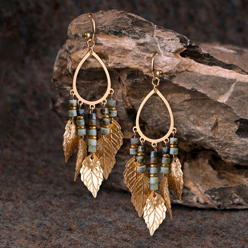 Handmade Natural Vintage Style Gold Leaf Tassel Earrings with African Turquoise-Lovesyouforever