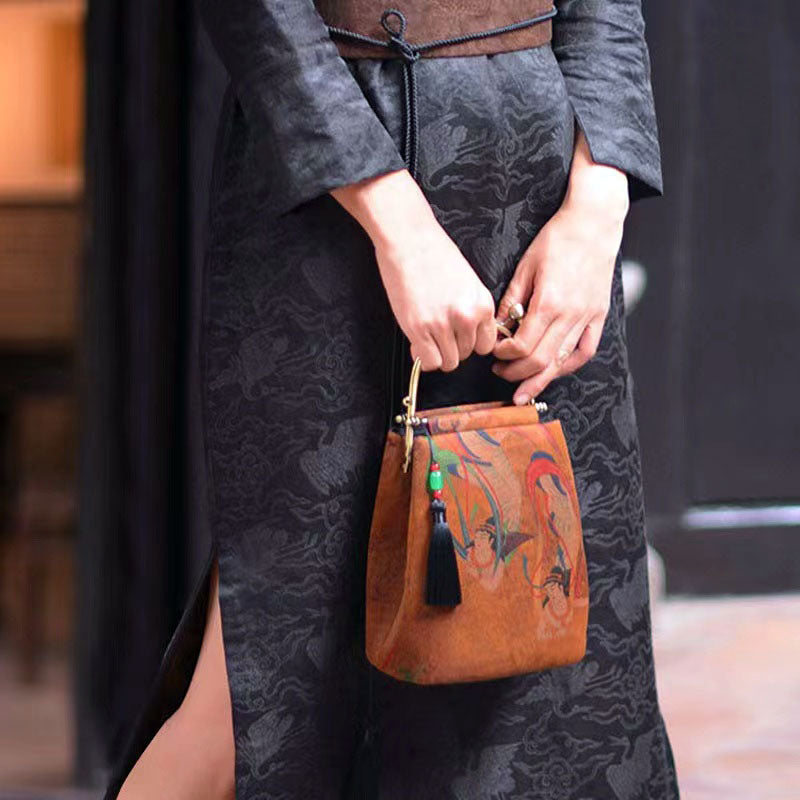 Vintage Chinese Style Retro Brown Feitian Flying Apsaras Silk Handbag with Tassel Charm-Lovesyouforever