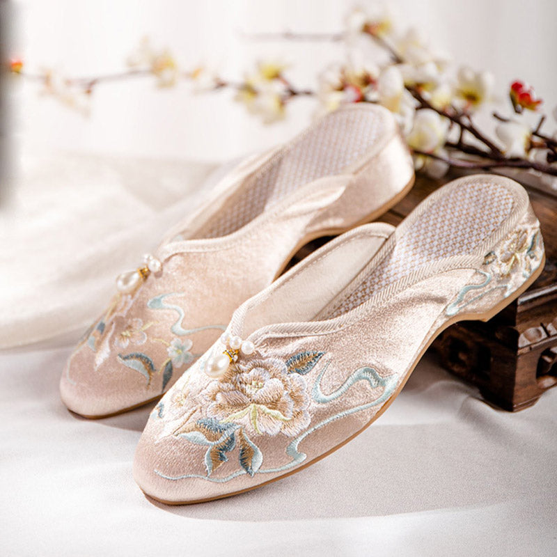 Vintage Peony Embroidery Pearl Buckle Slippers-Lovesyouforever