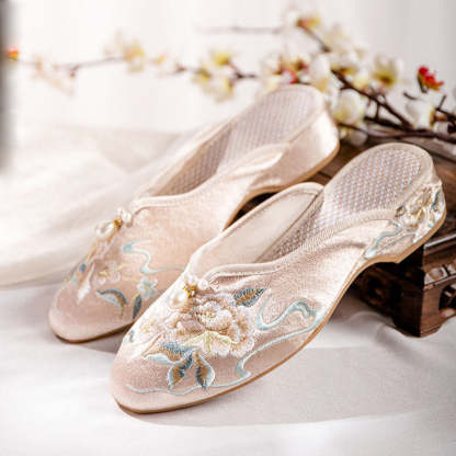 Vintage Peony Embroidery Pearl Buckle Slippers-Lovesyouforever