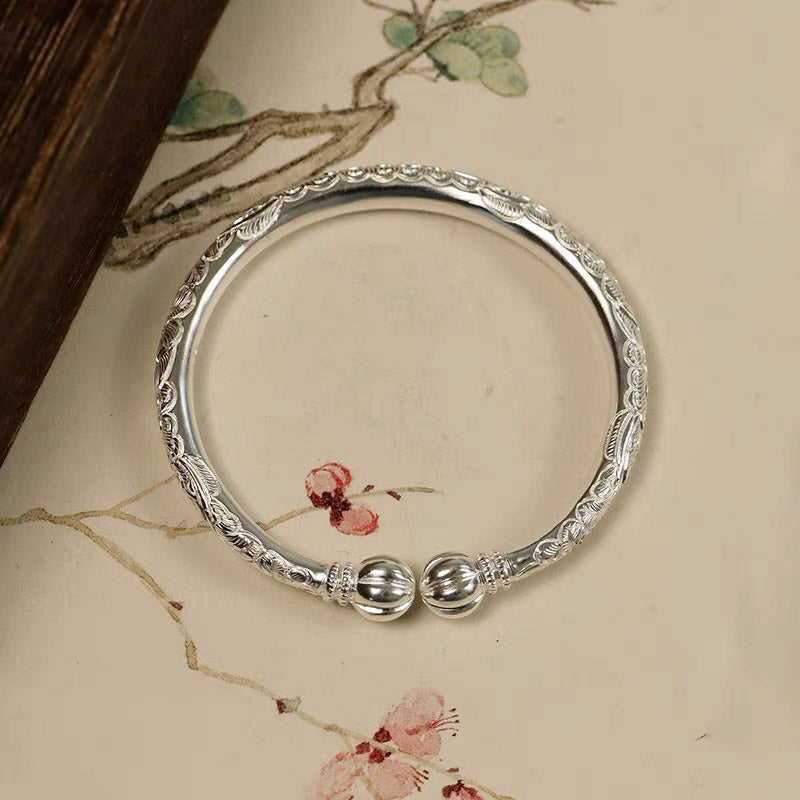 Vintage Chinese Style Hand-Carved Peony Flower Pure Solid Silver Bangle Bracelet with Pumpkin Shaped Opening Cuff-Lovesyouforever