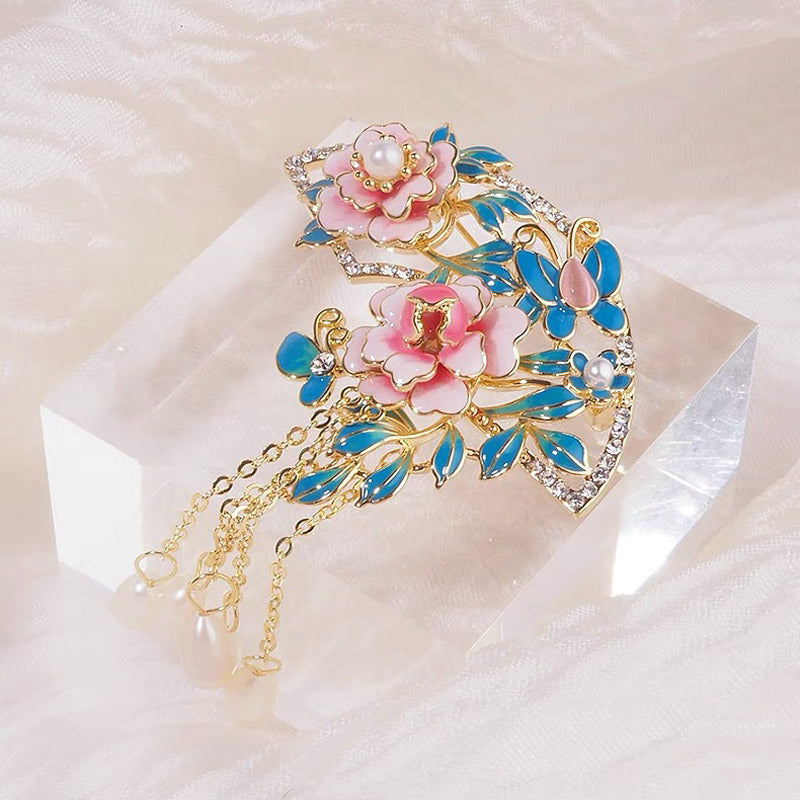 Chinese Cloisonné Pink Peony Fan-Shaped Brooch with Freshwater Pearl Tassel-Lovesyouforever