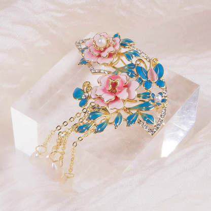 Chinese Cloisonné Pink Peony Fan-Shaped Brooch with Freshwater Pearl Tassel-Lovesyouforever