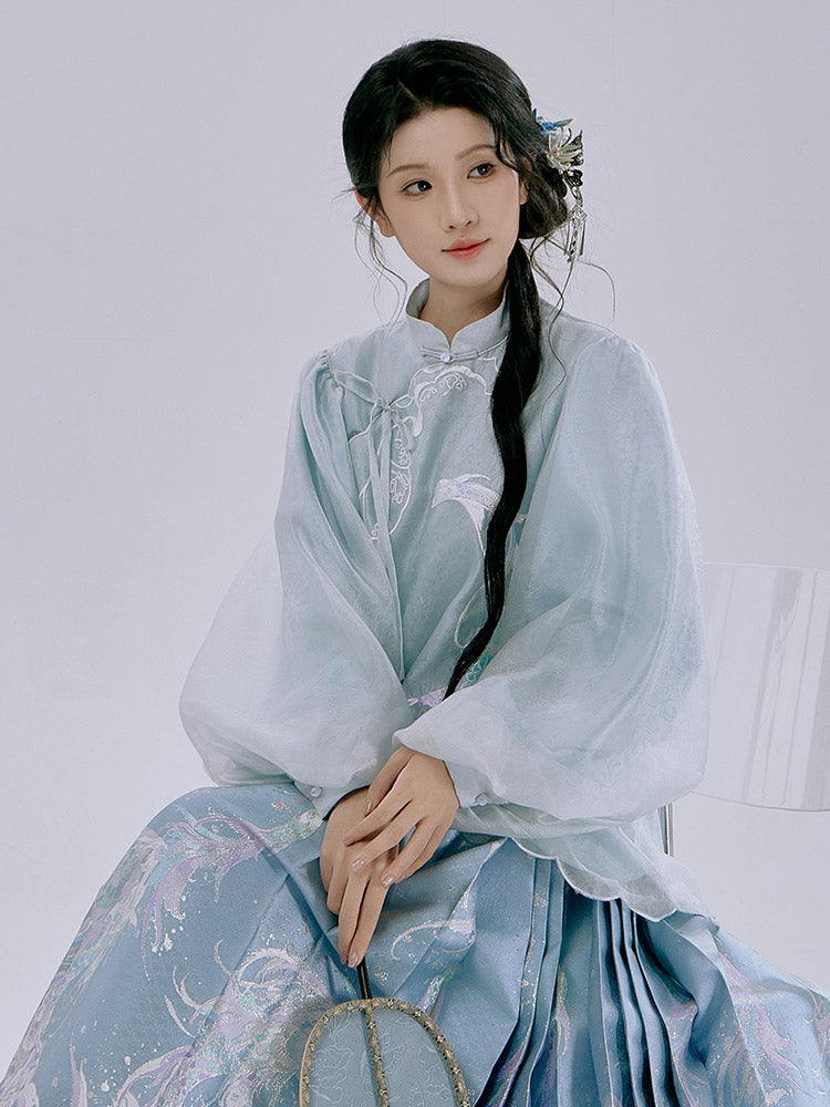 Spiritual Fish and Sea Waves – Dreamy Blue Hanfu Set with Horse Face Skirt Mamianqun Set-Lovesyouforever