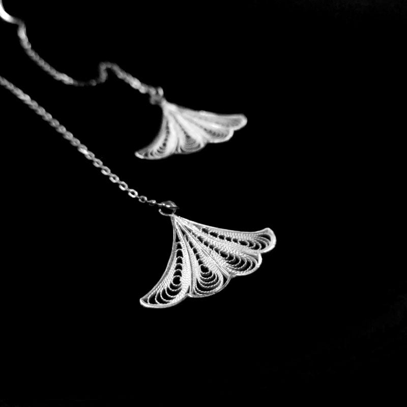 Handmade Vintage Plain Silver Filigree  Ginkgo Leaf Necklace and Earrings-Lovesyouforever
