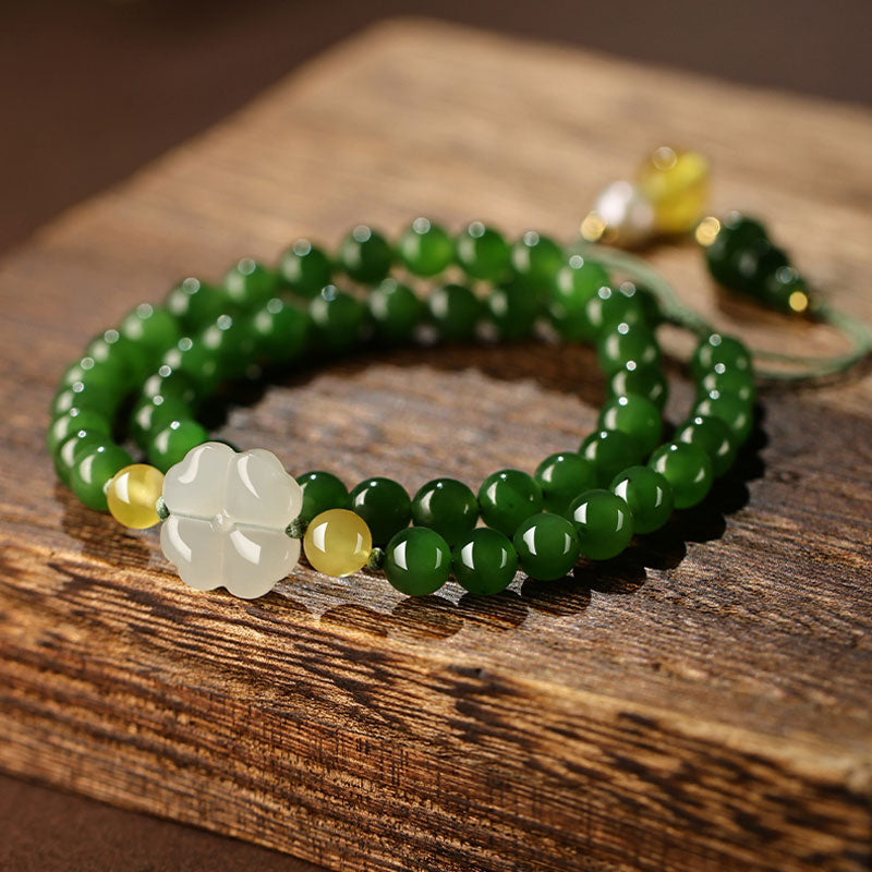 Xinjiang Hetian Jade Bracelet Adorned with a Four Leaf Clover Green Jade Biyu Bracelet-Lovesyouforever