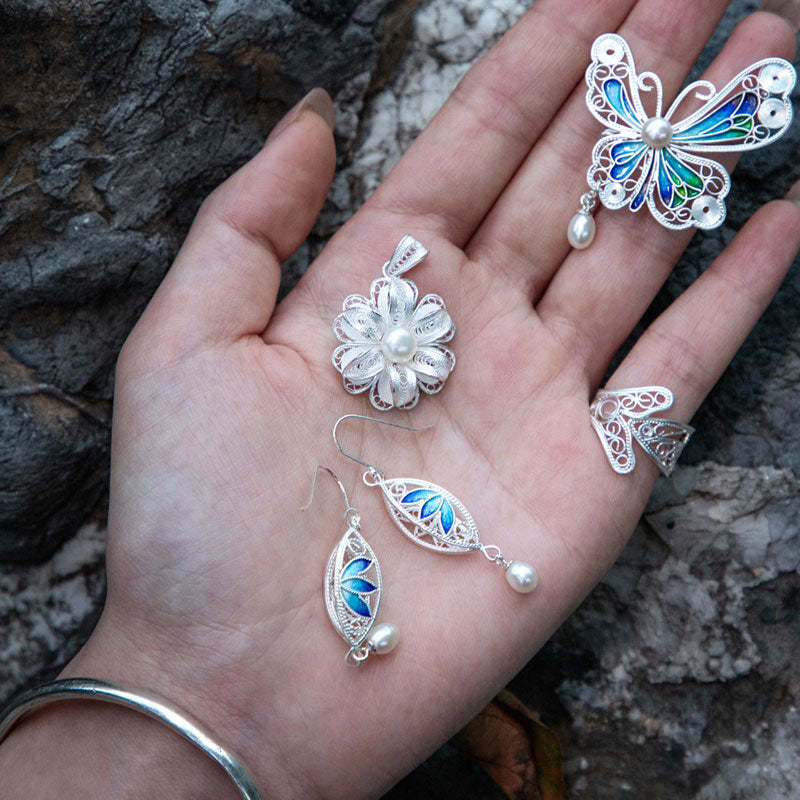 Vintage Cloisonné Silver Filigree Lotus Drop Earrings with Pearl-Lovesyouforever