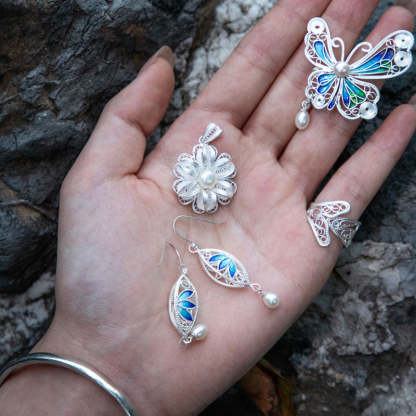Vintage Cloisonné Silver Filigree Lotus Drop Earrings with Pearl-Lovesyouforever