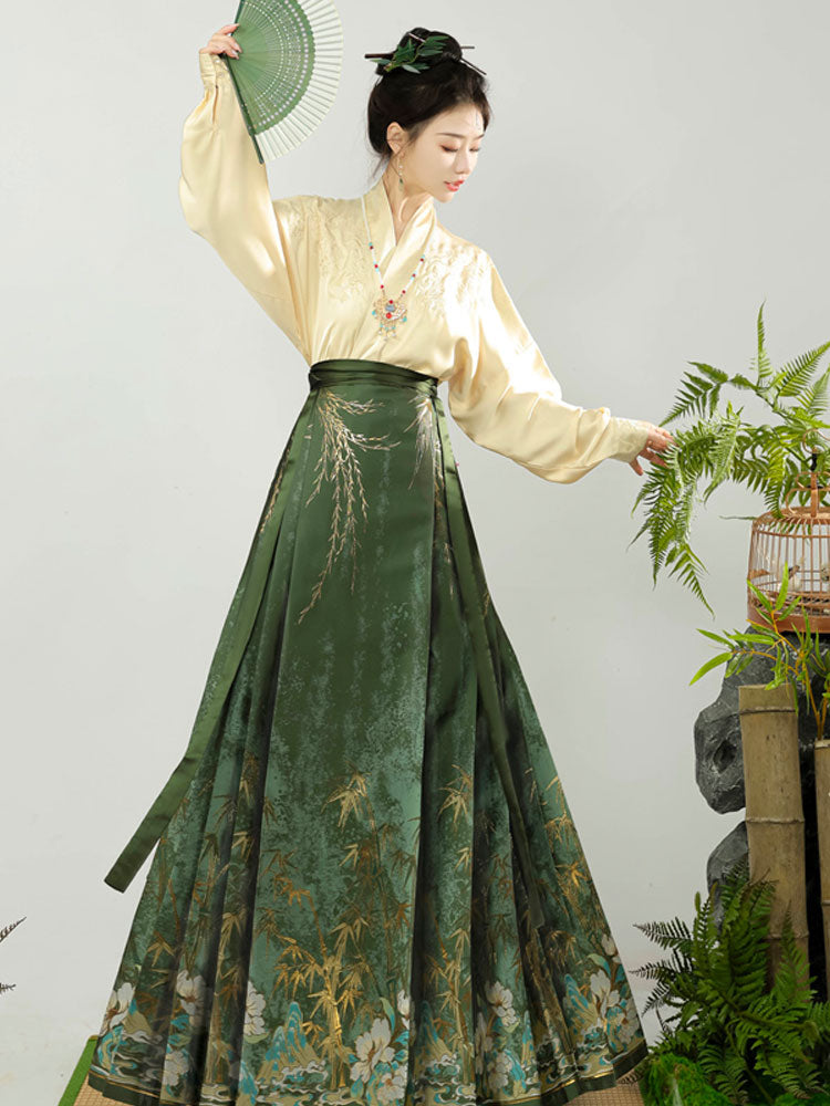 Flickering Bamboo Shadows - Green Vintage Woven Gold Mamianqun Skirt-Lovesyouforever