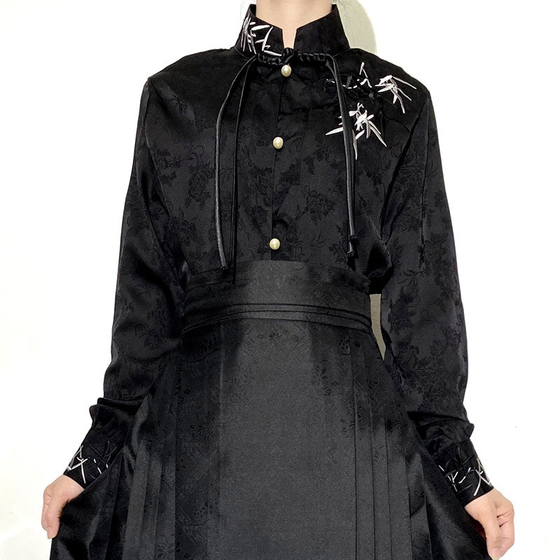 Morden Chinese Embroidered Bamboo Leaf Jacquard Satin Fabric Hanfu Shirt Blouse, paired with Mamianqun Skirt-Lovesyouforever