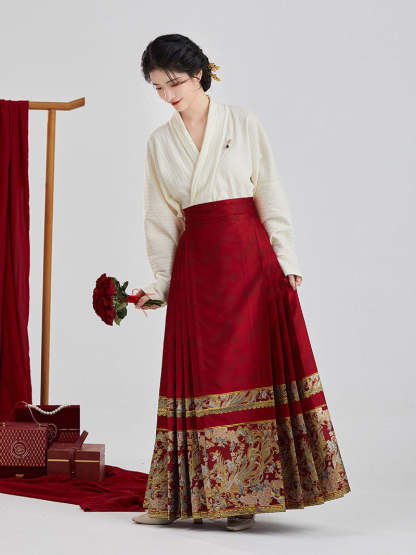 Vintage Chinese Style Phoenix and Peony Pattern Embroidery Mamianqun Hanfu Skirt-Lovesyouforever